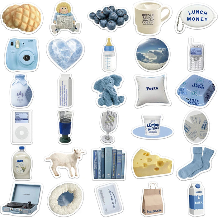 10/30/60PCS Cute Blue INS Sticker Aesthetic Sketchbook PVC Laptop Diary Decoration Scrapbooking School Stationery Supply for Kid