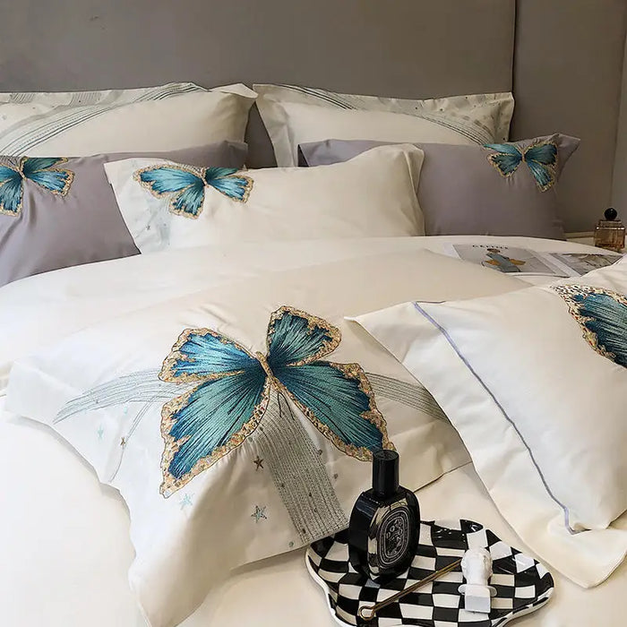 Blue Butterfly Embroidery Bedding Set Luxury White 1000TC Egyptian Cotton Super Soft Duvet Cover Bed Sheet Linen Pillowcases