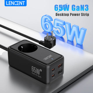 LENCENT 65W GaN3 Desktop Fast Charger Power Strip with 1AC  2 USB 2 Type C 1.5M Cable  5 in 1 Charger For iPhone Xiaomi  Samsung