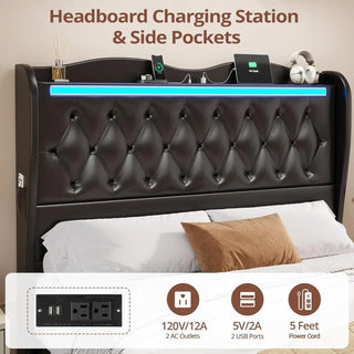 Queen Size Bed Frame Tall Headboard with LED Lights & Charging Station, Upholstered Wing Headboard & Footboard, Bed