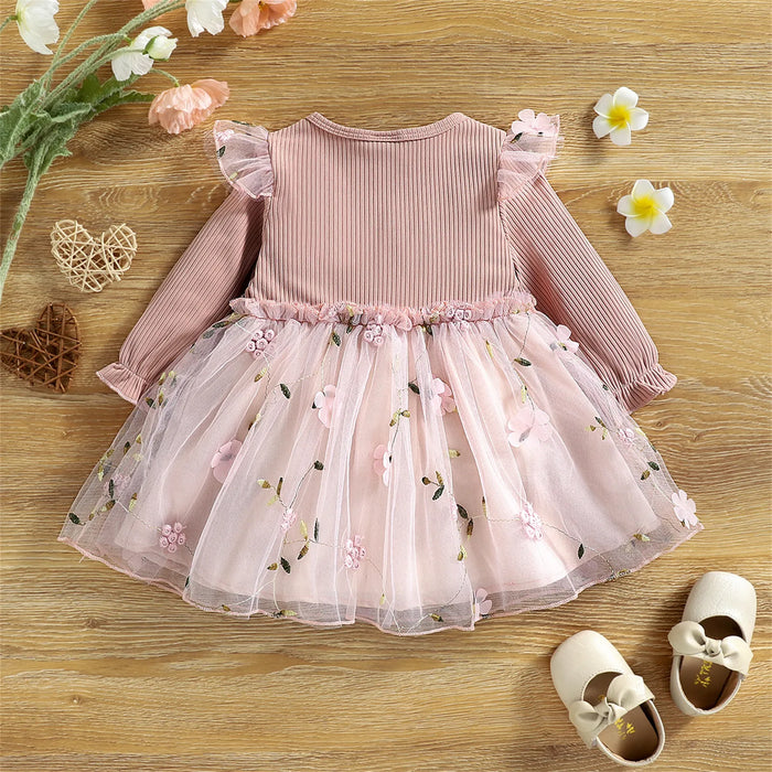 PatPat Baby Dress Baby Girl Clothes New Born Infant Party Dresses Pink Ribbed Bowknot Floral Mesh for NewBorn Kids Birthday