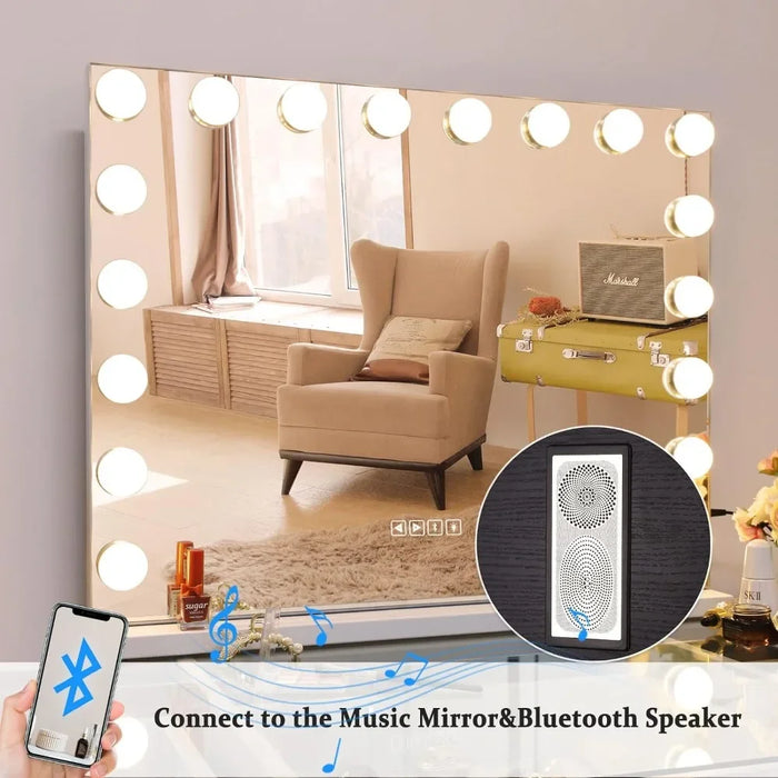 Vanity Mirror with Lights and Speaker 28"X23" with USB Charging Port 18 Adjustable Brightness Bulbs 3 Color for Table/Wall