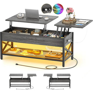 Lift Top Coffee Center Table with LED Light and Power Outlet, Modern Table with Storage Shelf for Living Room, Lift Tabletop