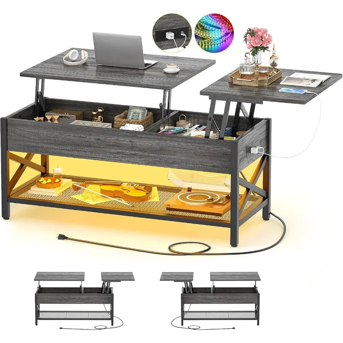 Lift Top Coffee Center Table with LED Light and Power Outlet, Modern Table with Storage Shelf for Living Room, Lift Tabletop