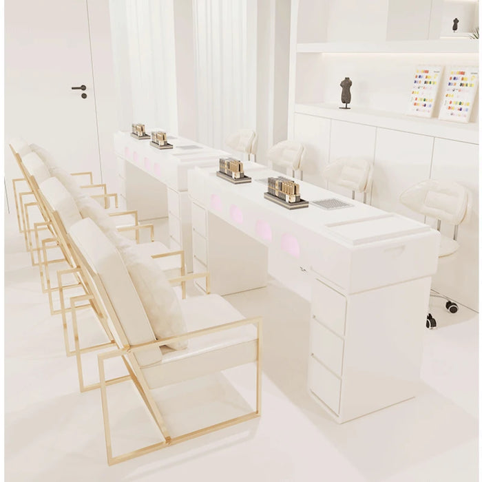 Cream Style Nail Table and Chair Set with Built-in Baking Lamp, Vacuum Cleaner Socket, Dirt Resistant Nail Table Manicure Tables