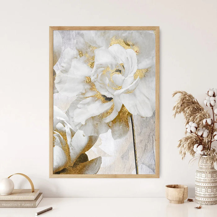 Abstract Gold White Blooming Floral Wall Art Posters Canvas Painting Prints Pictures Modern Living Room Interior Home Decor