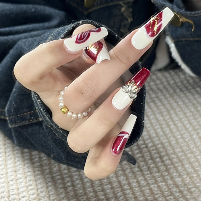 10 Pcs Artificial Nails Valentine's Press On Hand Made Luxury Wearable Red Love Heart Painting Alloy Bow Decor Full Cover Tips