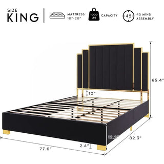 Queen Size Bed Frame and 61" Headboard, Upholstered with Golden Plating Trim, Platform Beds No Box Spring Needed, Bed Frame