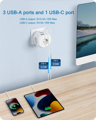 LENCENT EU Plug  Wall Socket Extender with 4 AC Outlets+3 USB +1 Type C 5V/3A Charger Adapter 8-in-1 Socket On/Off Switch