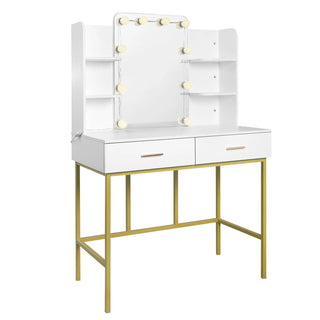White Gold Vanity Desk Modern Dresser Dressing Table with Mirror Makeup Table with LED Lighting 2 Drawers Household Bedroom
