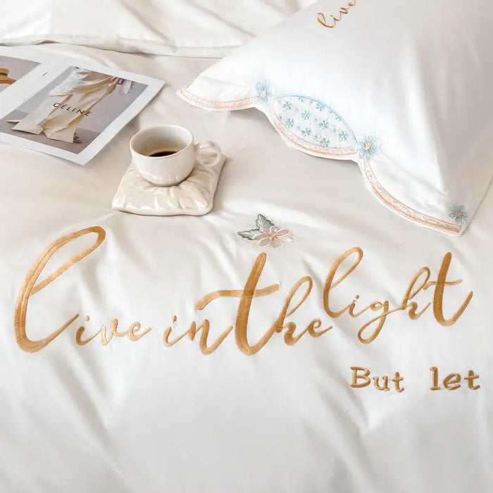 100% Cotton White Bedding Set Luxury Flowers Embroidered Duvet Cover Bed Sheet Pillowcases Solid Color Home Textile