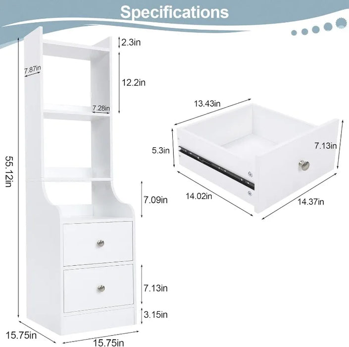 White Night Stand, 55“ Modern Nightstand Bedside Table with 4-Tier Open Shelves & 2 Drawers, Wood Night Stand for Bedroom