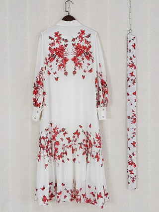 AELESEEN Runway Fashion Loose Long Shirt Dress Women Spring Summer Turn-down Collar Flower Print Sequined Beading Belt Elegant