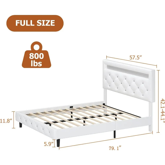 Full Size Platform Bed with LED Lights, Adjustable Tufted Headboard, Wood Slats - White