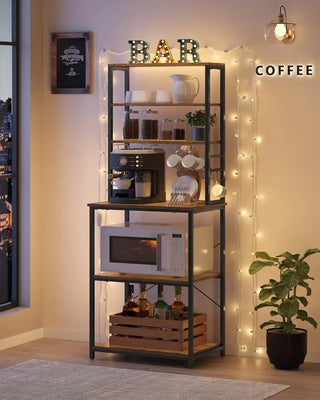 Coffee Bar, Baker’s Rack for Kitchen with Storage, 6-Tier Kitchen Shelves with 6 Hooks, Microwave Stand
