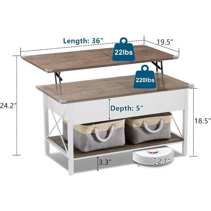 36" Lift Top Coffee Table with Free Cloth Storage Bins, White Walnut Frame, Small Modern Style, Dark Walnut