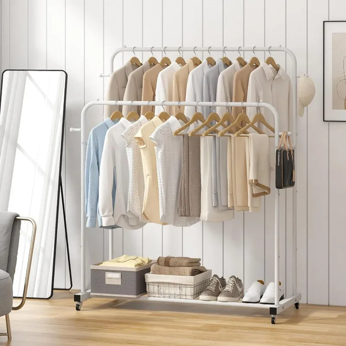 Double Rods Garment Rack with Wheels, Clothing Rack for Hanging Clothes,4 Hooks, Multi-functional Bedroom Clothes Rack