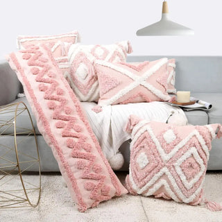 New Boho Pink Geometric Tufted Pillow Covers Decorative 30x100cm Rectangular Tassel Waist Pillowcase Bedroom Sofa Double Pillows