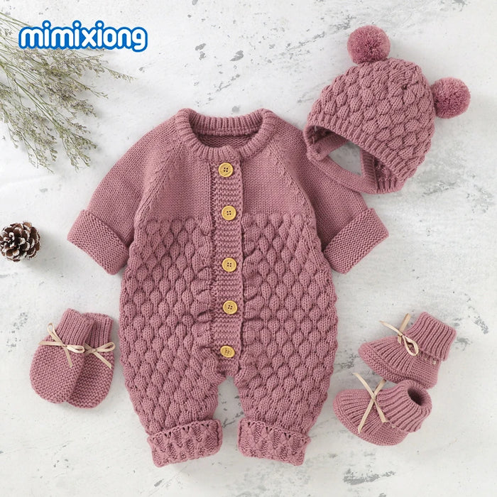 Baby Rompers Caps Clothes Sets Newborn Girl Boy Knitted Jumpsuits Outfits Autumn Winter Long Sleeve Toddler Infant Overalls 2pcs