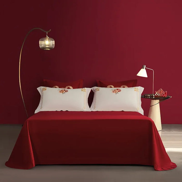 Luxury Double Happiness Blossom Embroidery Wedding Red Bedding Set 4/7Pc 1000TC Egyptian Cotton Duvet cover Bed sheet Pillowcase