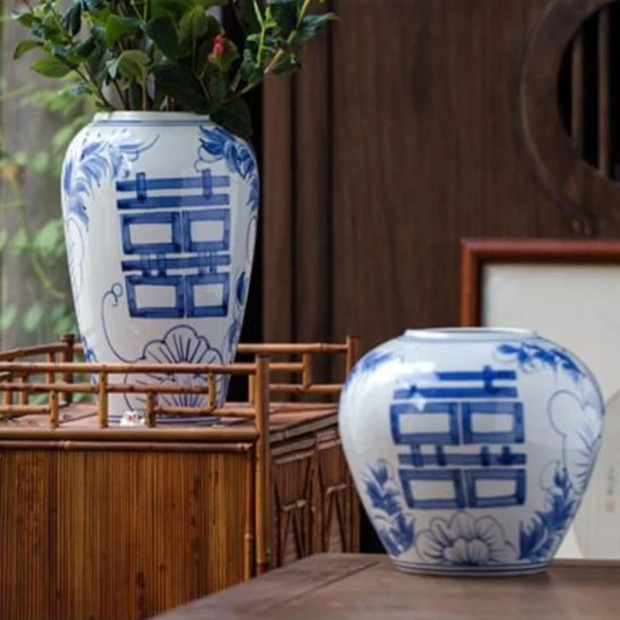 Blue and White Porcelain Vases Retro Flower Arrangement Happy Characters Imitation Antique Household Living Room Ceramic Vases