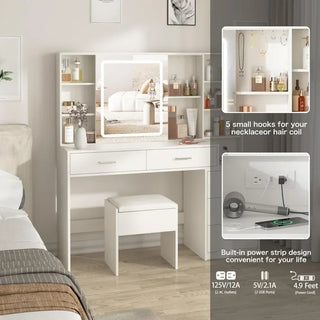 Dresser with Mirror and Lamp, White Dresser with Lighting, Make-up Dresser with Charging Station, Hidden and Open