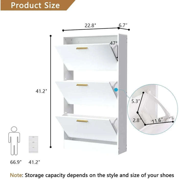 Narrow Shoe Storage Cabinet, Shoe Cabinet for Entryway with 3 Flip Drawers, Wood Hidden Storage