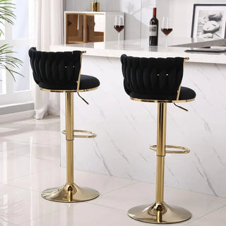 Velvet Bar Stools Set of 2,360° Swivel Woven Modern Gold Bar Stools,Adjustable Height Barstools with Backs Gold Metal Tall