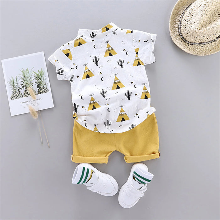 PatPat 2pcs Toddler Baby Boy Clothes 1-6 Years Old Casual Pyramid Cactus Print Shirt and Summer Shorts Set