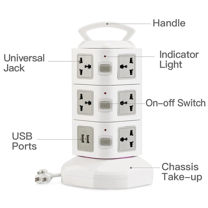 Tower Power Strip Surge Protector Vertical Multi Sockets 7/11/15/19 Way Universal Outlets Plug Socket 2 USB 3m Extention Cord