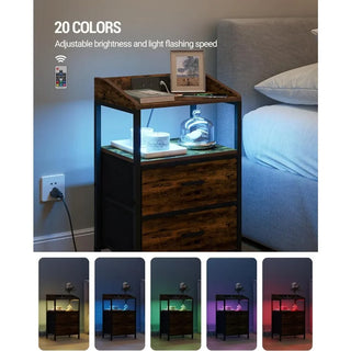 Nightstands Set of 2 with LED Lights and Charging Station,End Table with 2 Fabric Storage Drawers and Shelves, Modern Side Table