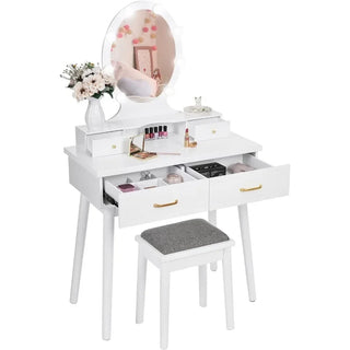 Makeup Dresser Dresser Set with Illuminated Mirror Makeup Dresser Table Set LED Bulbs Frameless Mirror Mode Dimming