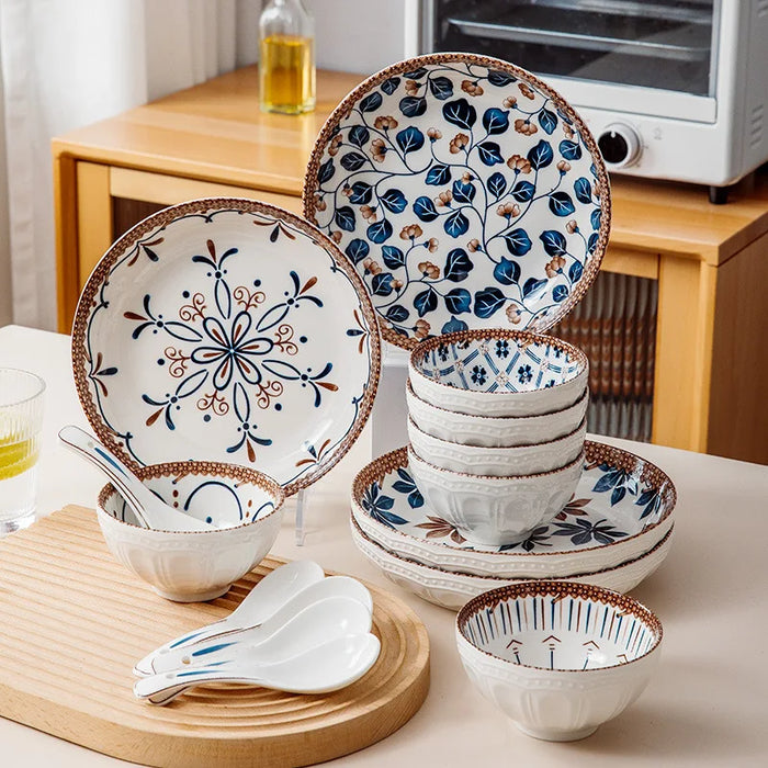 Ceramic Tableware Set Gift Box Japanese Flower Rice Bowl Western Food Plate Dish 12/16 Piece Set Cutlery Home Kitchen Supplies