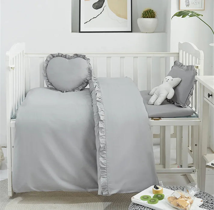 Baby Bedding Set Cotton Solid Pattern Infant Crib White Gray Lace Pillowcase Duvet Cover Newborn Cot Bed Flat Sheet Baby Bed Set