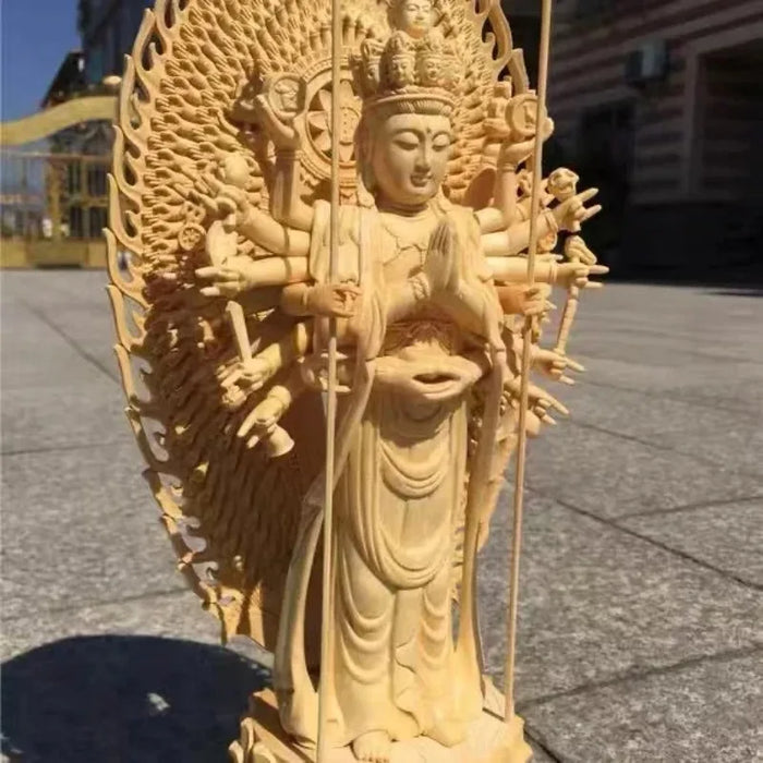 Creative Wood Carving Sculpture Large Lotus Thousand Hands Avalokitesvara Bodhisattva Carved Buddha Statue Household Decoration