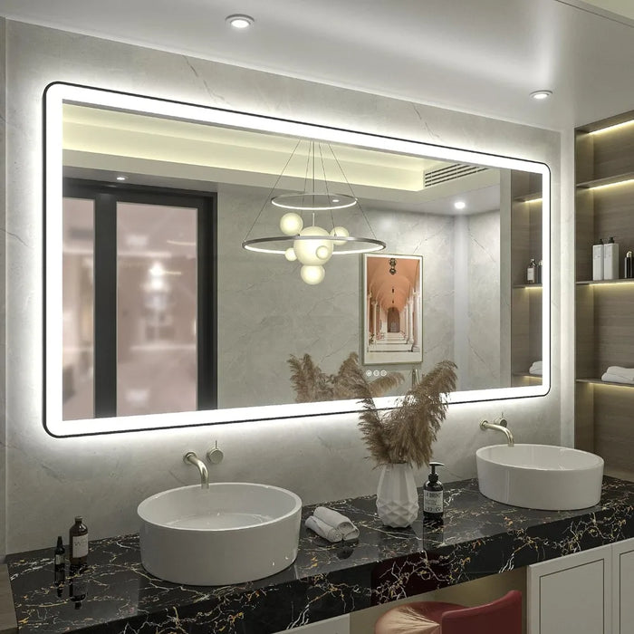 LED Bathroom Mirror with Independent Backlit and Front Lights, Large Dimmable Vanity Mirror for Wall, Anti-Fog, Shatterproof