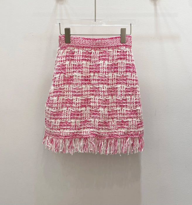 2024 Summer New High Quality Women's Wear Pink white plaid jacquard A-line hem fringe knit skirt 0610