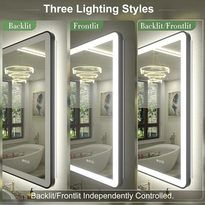 LED Bathroom Mirror with Independent Backlit and Front Lights, Large Dimmable Vanity Mirror for Wall, Anti-Fog, Shatterproof