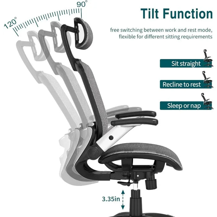 Ergonomic Mesh Office Chair, High Back Desk Chair - Adjustable Headrest with Flip-Up Arms, Tilt Function, Lumbar Support