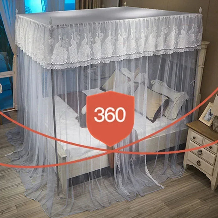 Summer Three-door Lace Palace Mosquito Tent with Stainless Steel Bracket Square Princess Mosquito Net QueenDouble Bed Net Canopy