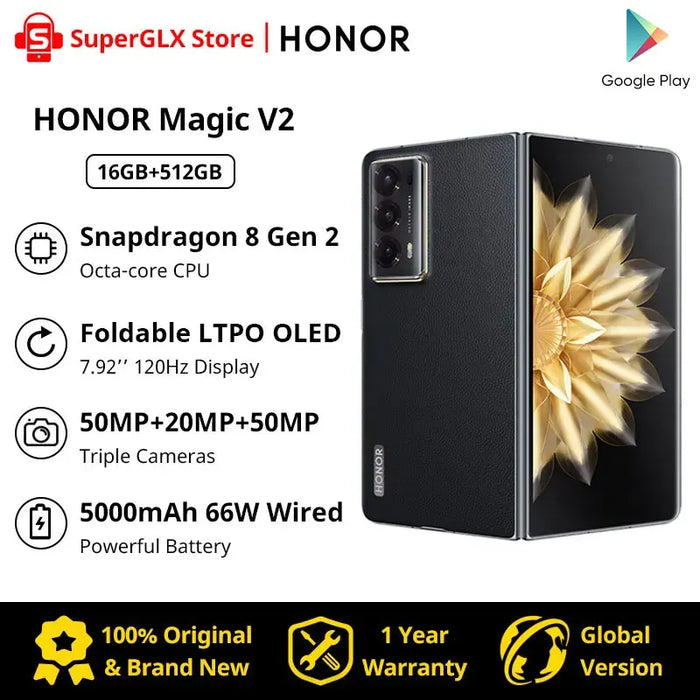 Global Version Honor Magic V2 5G Foldable LTPO OLED 120Hz Display 7.92" 50MP Rear Cameras Snapdragon 8+ Gen 2 5000mAh 66W NFC