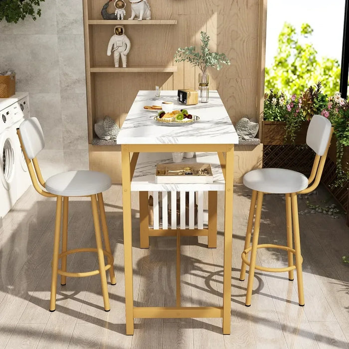 3 Piece Bar Table and Stool Set,Modern White Faux Marble Table & 2 PU Pad Bar Stools,Kitchen Counter with 3 Tier Storage Shelves