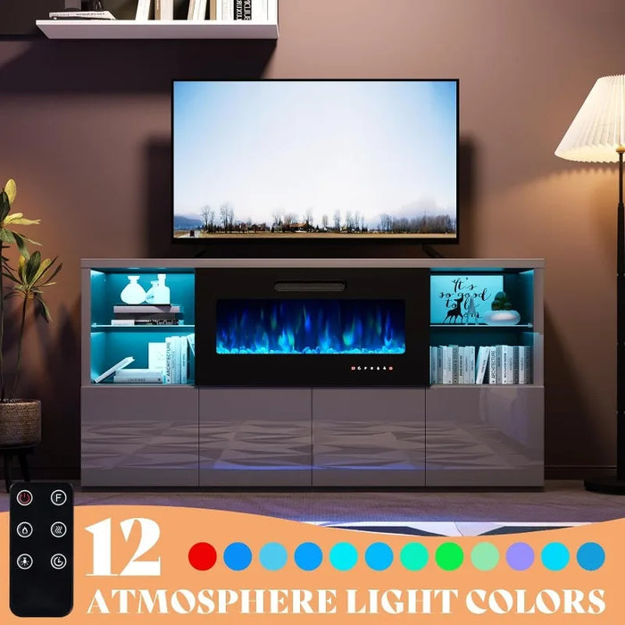 68" Fireplace TV Stand with 40" Electric Fireplace, Modern High Gloss Fireplace Entertainment Center with LED Lights for TVs