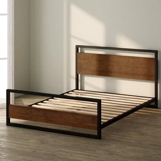 Bed Frane Bamboo and Metal Platform Bed Frame With Footboard / Wood Slat Support / No Box Spring Needed / Easy Assembly Queen