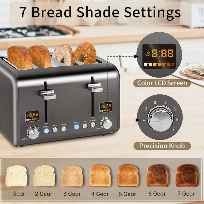 Toaster 4 Slice, Stainless Bread Toaster Colorful LCD Display, 7 Bread Shade Settings, 1.4'' Wide Slots Toaster ，1800W