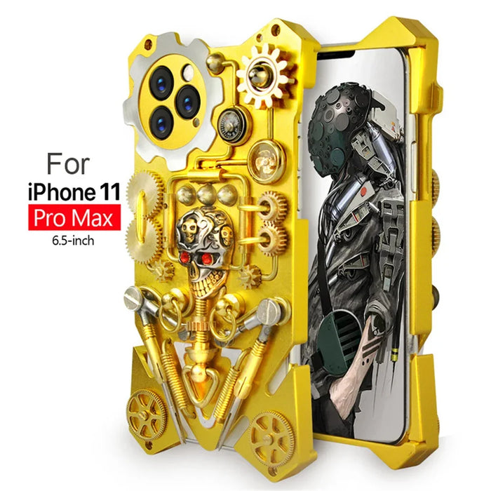 Luxury Hand Made Gear Metal Armor Case For iPhone 13 14 15 Pro Max Case Skull Gold Cover Funda For iPhone 13 14 Pro 15 Plus Case