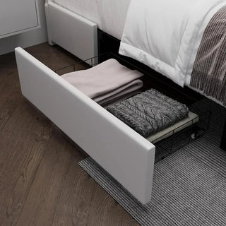 full size bed frame, Headboard with RGB LED lights and 2 storage drawers, Modern Upholstered Faux Leather Smart Platform Bed