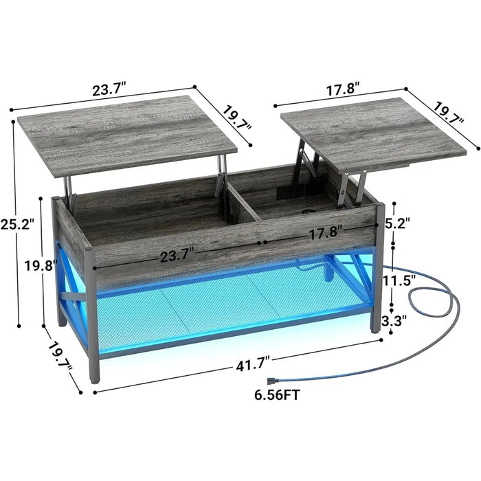 Lift Top Coffee Center Table with LED Light and Power Outlet, Modern Table with Storage Shelf for Living Room, Lift Tabletop