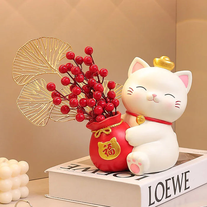 Lucky cat arts crafts Holding flowers Cherry Blossom Cat storage ornaments Living room porch Home decoration moving gift