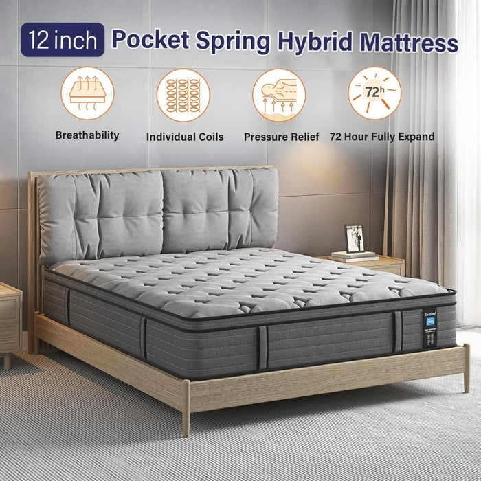 12" King Gel Memory Foam Pocket Spring Hybrid Mattress for Comfortable and Secure Support